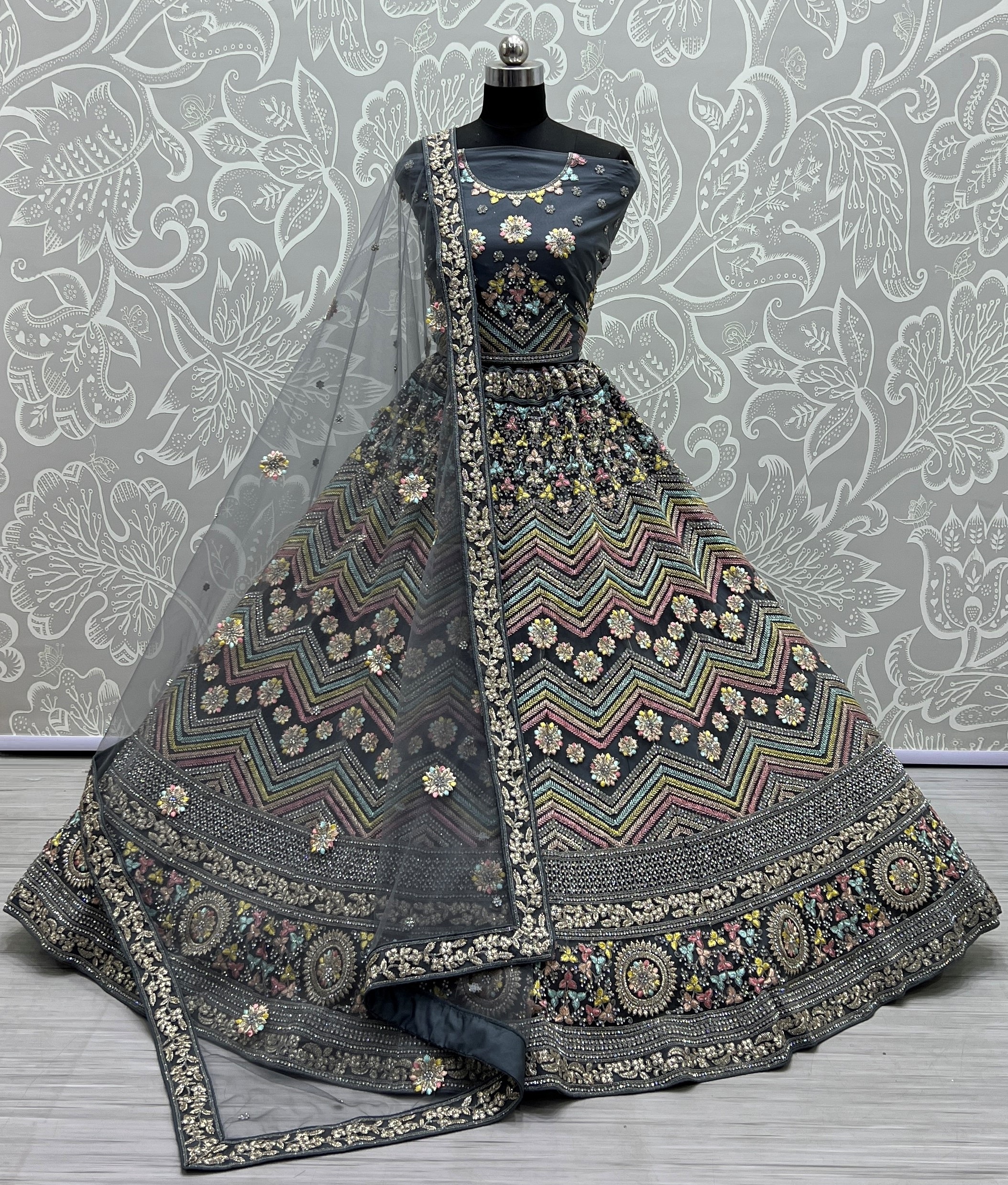 Grey Thread embroidered combine with zari work lehenga choli 